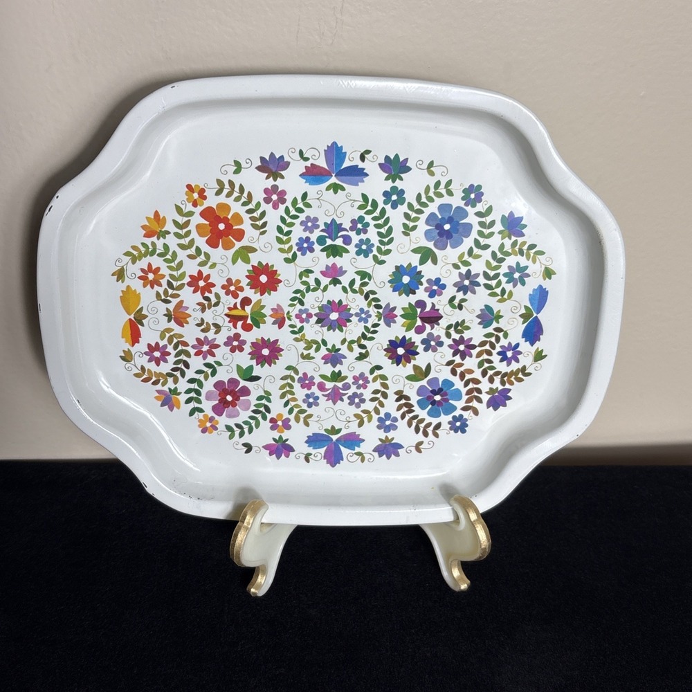 Vintage Elite Trays Rainbow Floral Trinket Tray - 1960s Folk Art Made in England